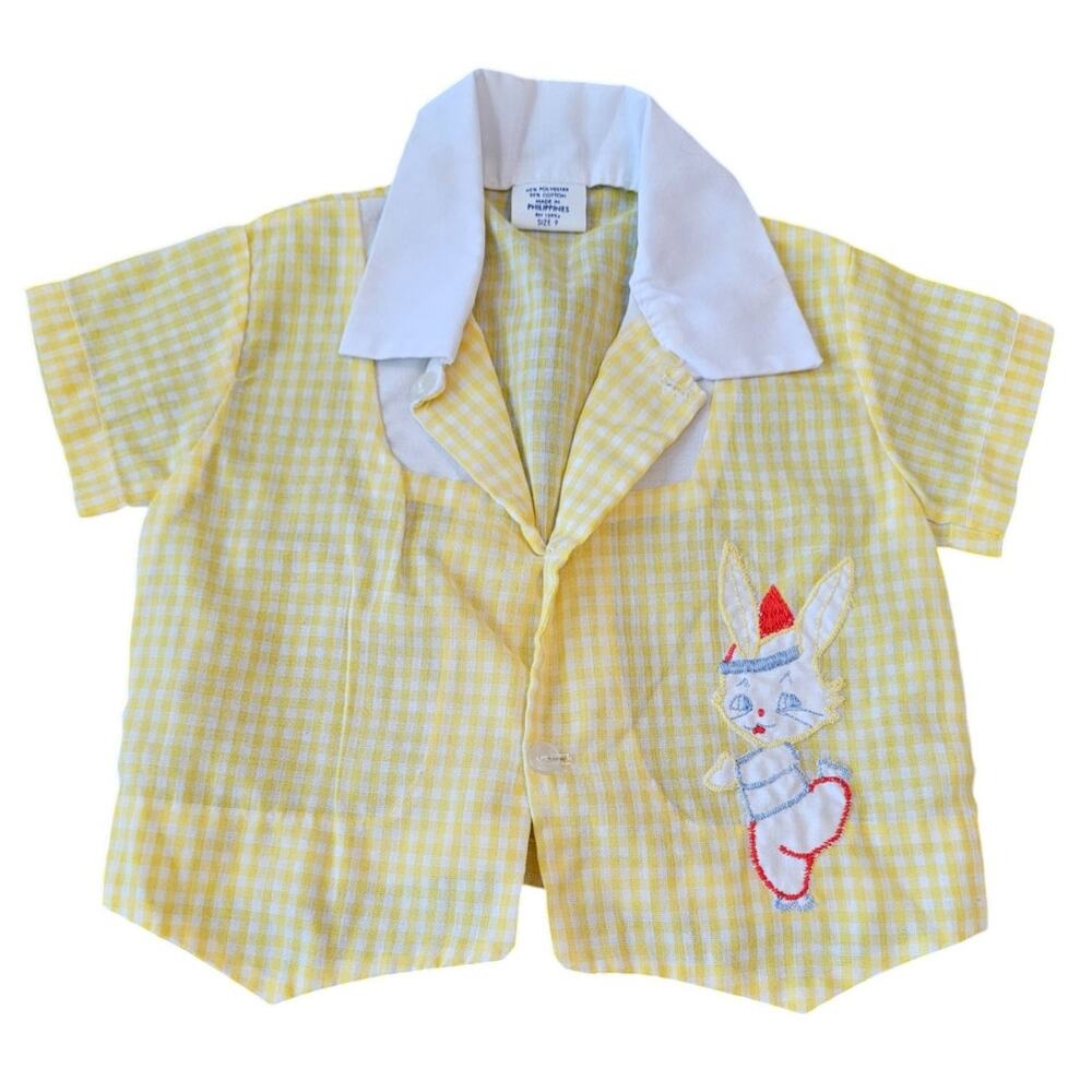 Vintage 1950s Baby Sz 9M Button Up Yellow Gingham Top Easter Bunny Embroidered